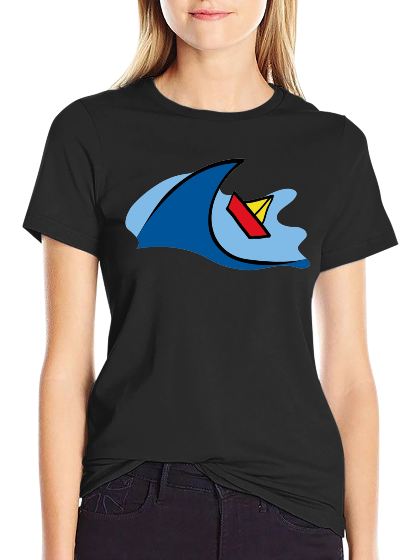 Cartoon Wave & Boat Black T-Shirt