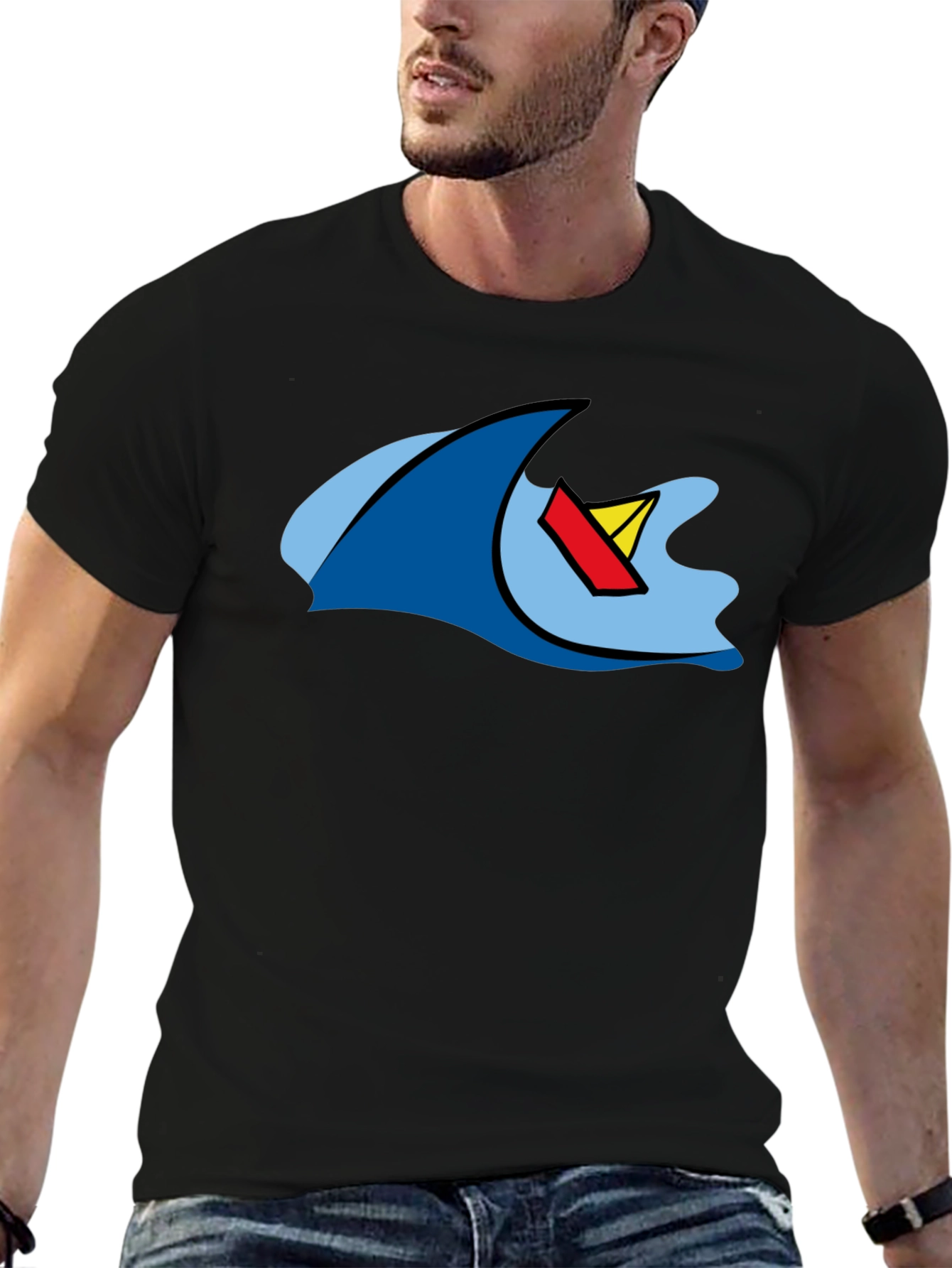 Cartoon Wave & Boat Black T-Shirt