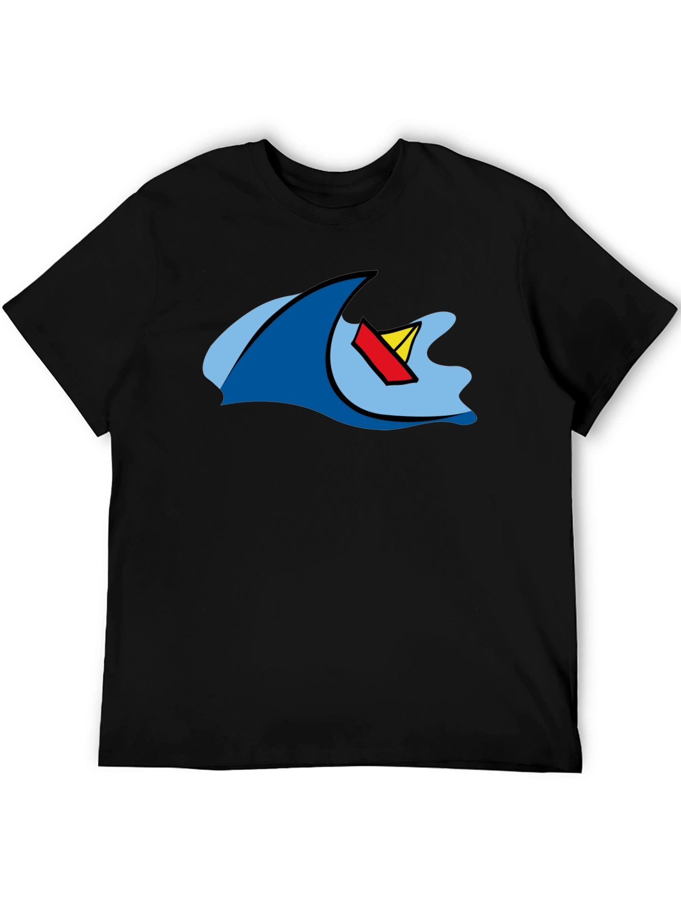 Cartoon Wave & Boat Black T-Shirt
