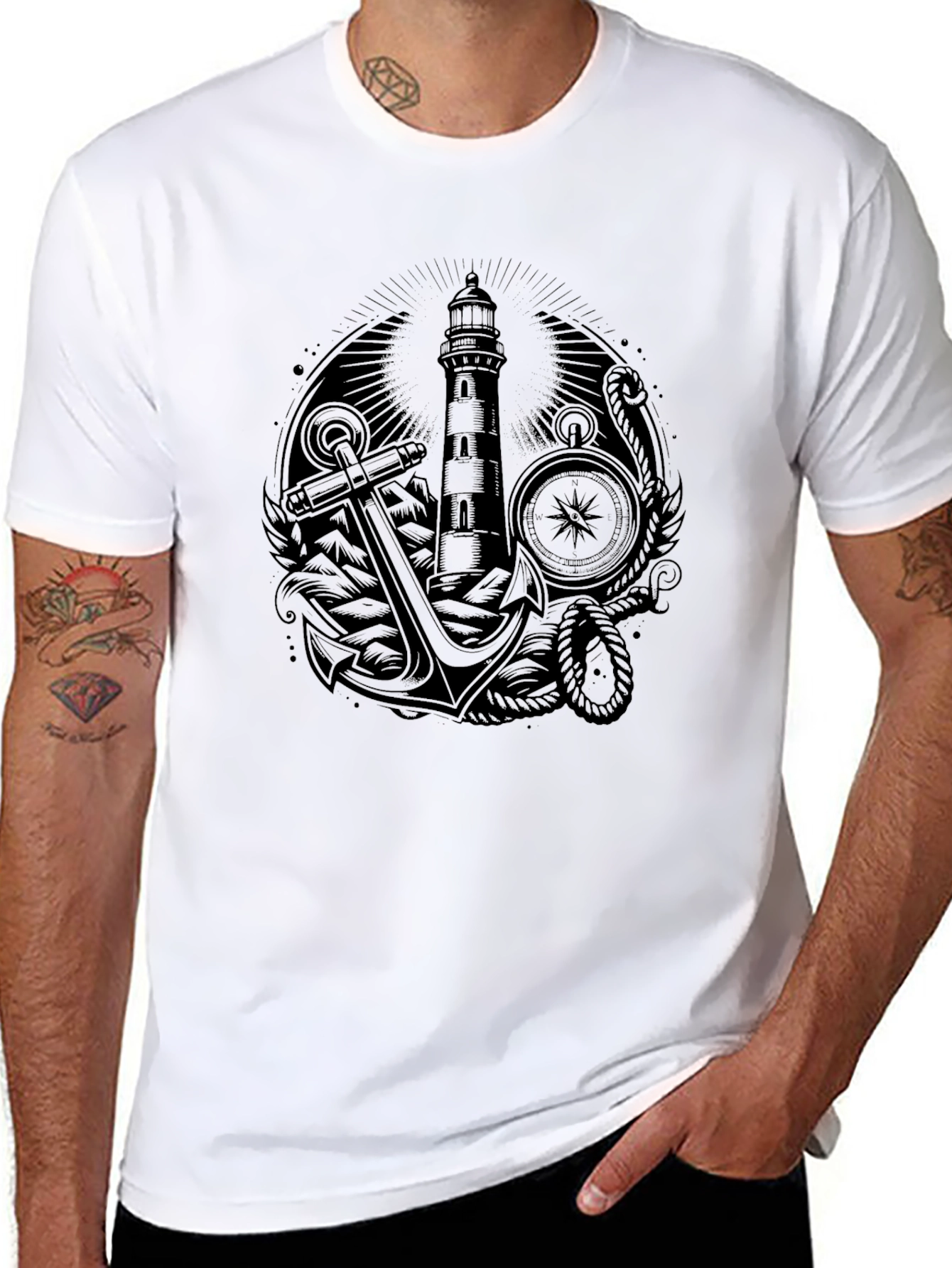 Nautical Lighthouse Anchor Graphic Tee - Black
