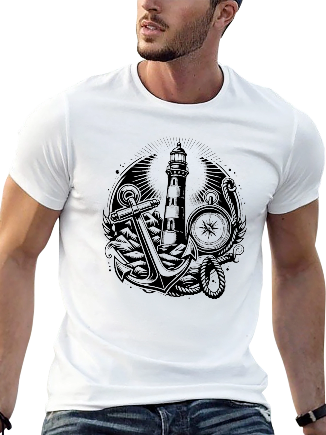 Nautical Lighthouse Anchor Graphic Tee - Black