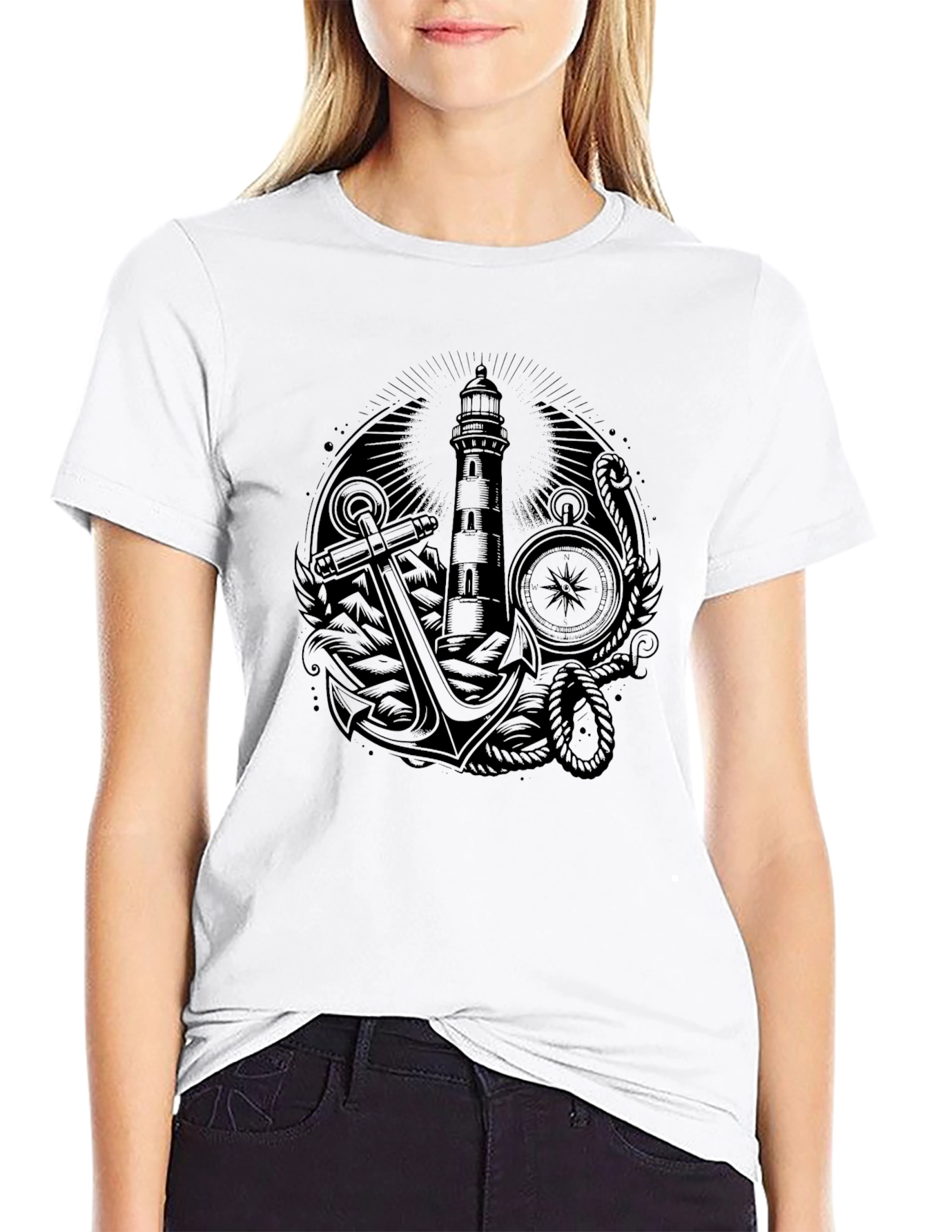 Nautical Lighthouse Anchor Graphic Tee - Black