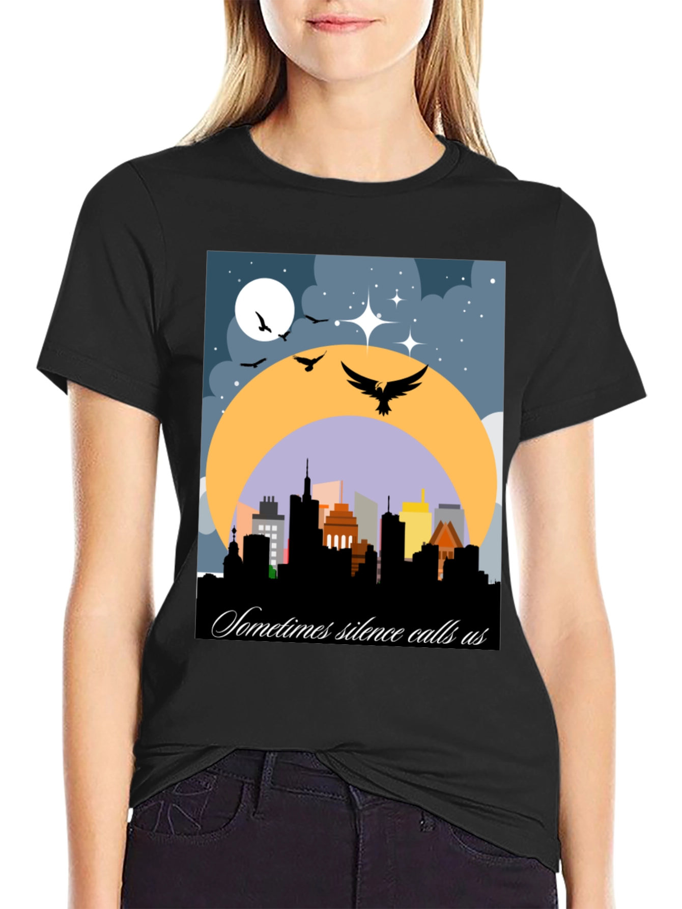 Night Cityscape Graphic Tee - Sometimes Silence Calls Us