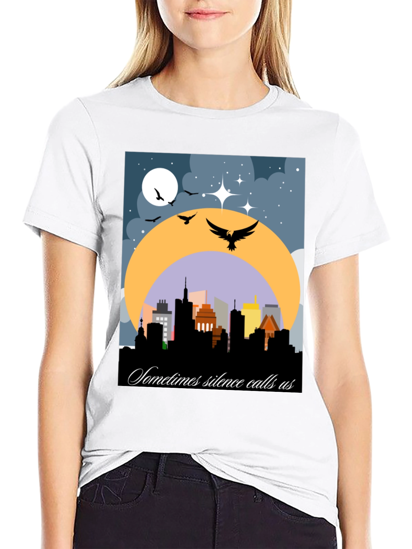 Night Cityscape Graphic Tee - Sometimes Silence Calls Us