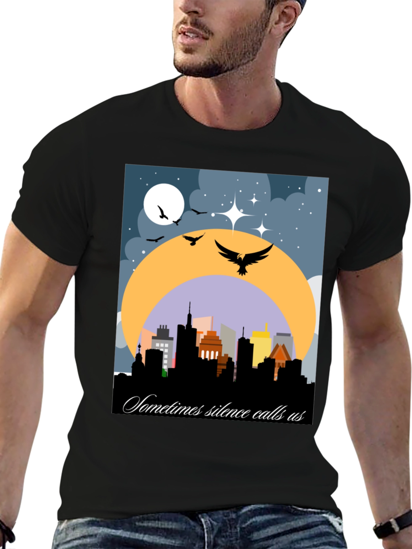 Night Cityscape Graphic Tee - Sometimes Silence Calls Us