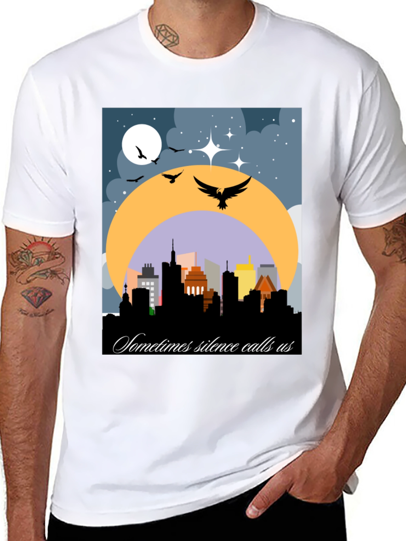 Night Cityscape Graphic Tee - Sometimes Silence Calls Us