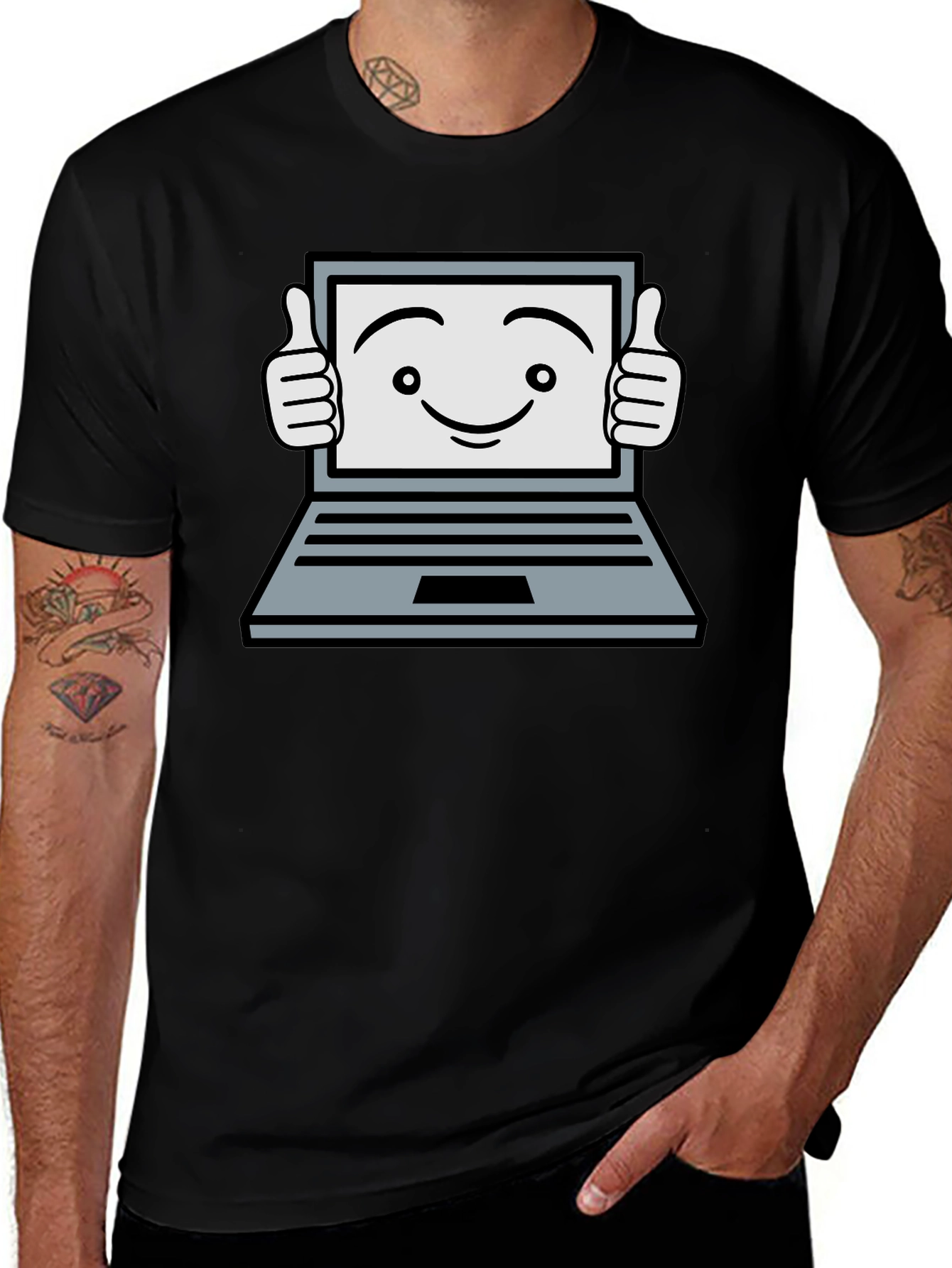 Funny Laptop Thumbs Up Graphic Black T-Shirt