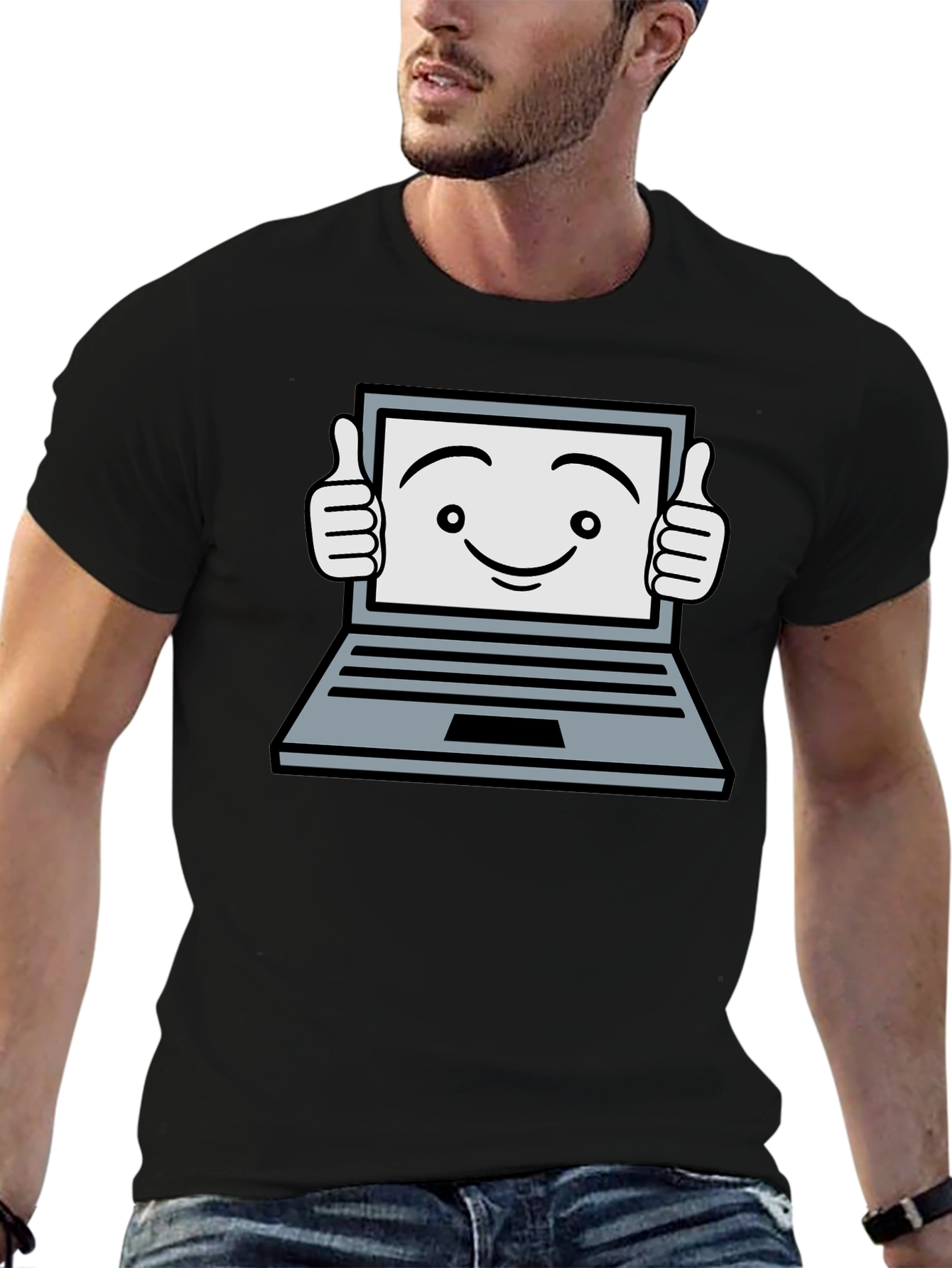 Funny Laptop Thumbs Up Graphic Black T-Shirt