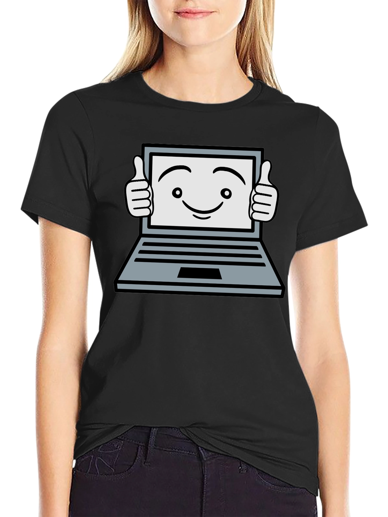 Funny Laptop Thumbs Up Graphic Black T-Shirt