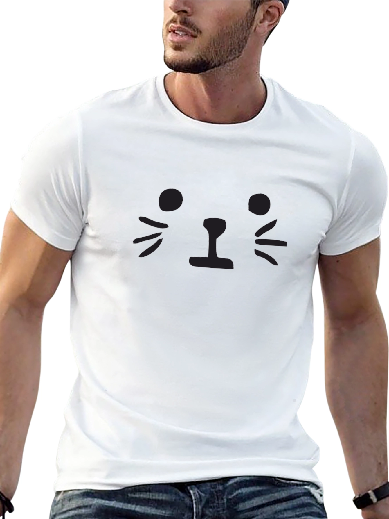 Minimalist Cat Face Graphic T-Shirt - Black