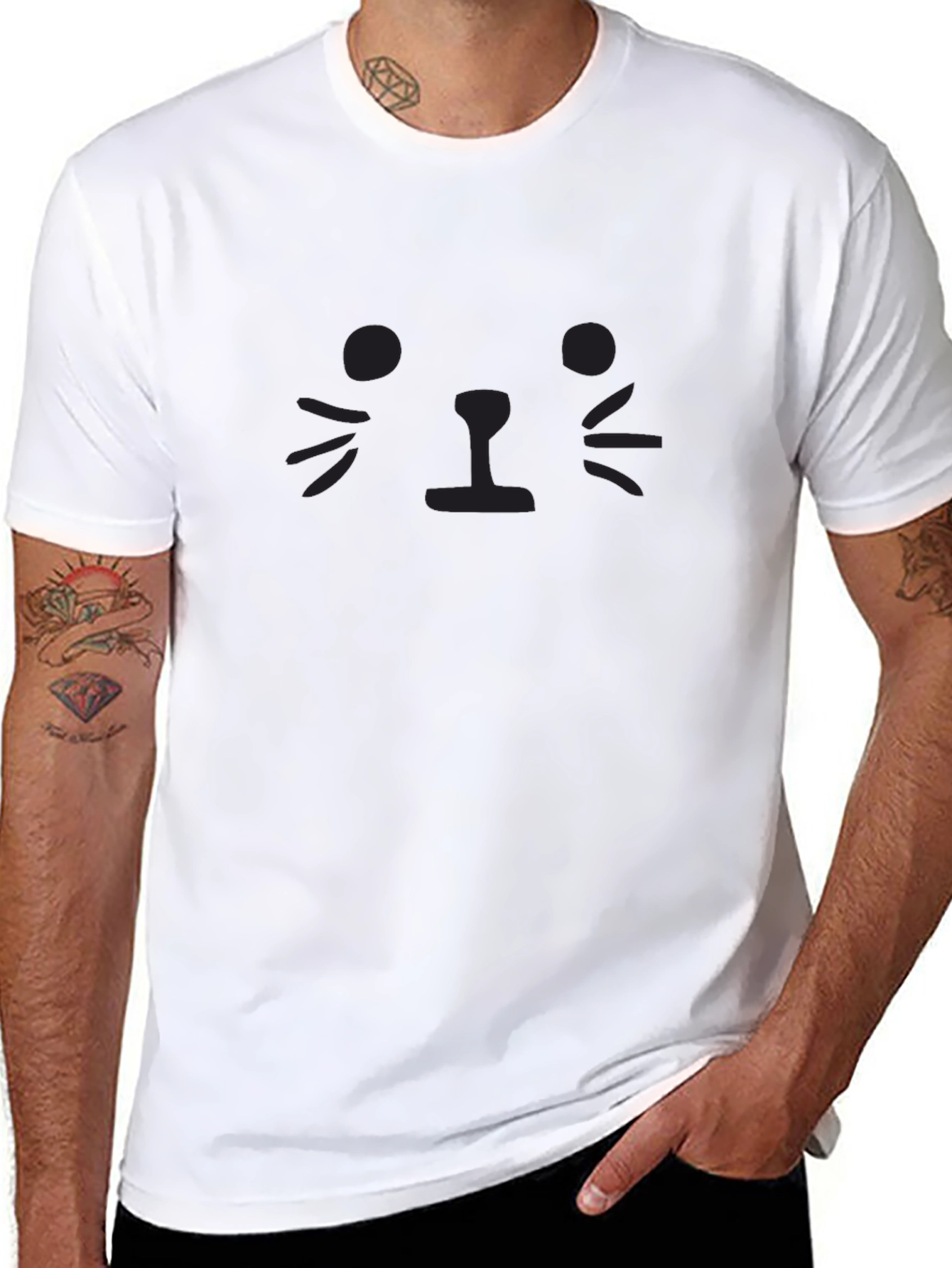 Minimalist Cat Face Graphic T-Shirt - Black