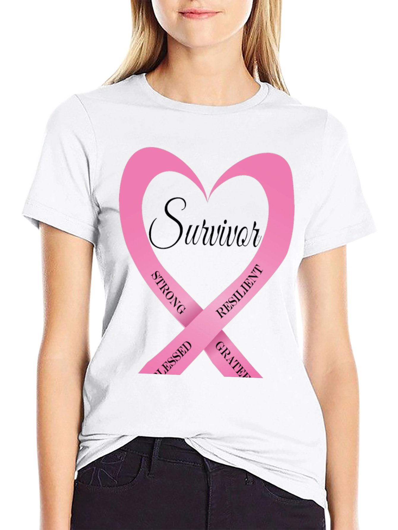 Survivor Pink Ribbon Heart Graphic T-Shirt