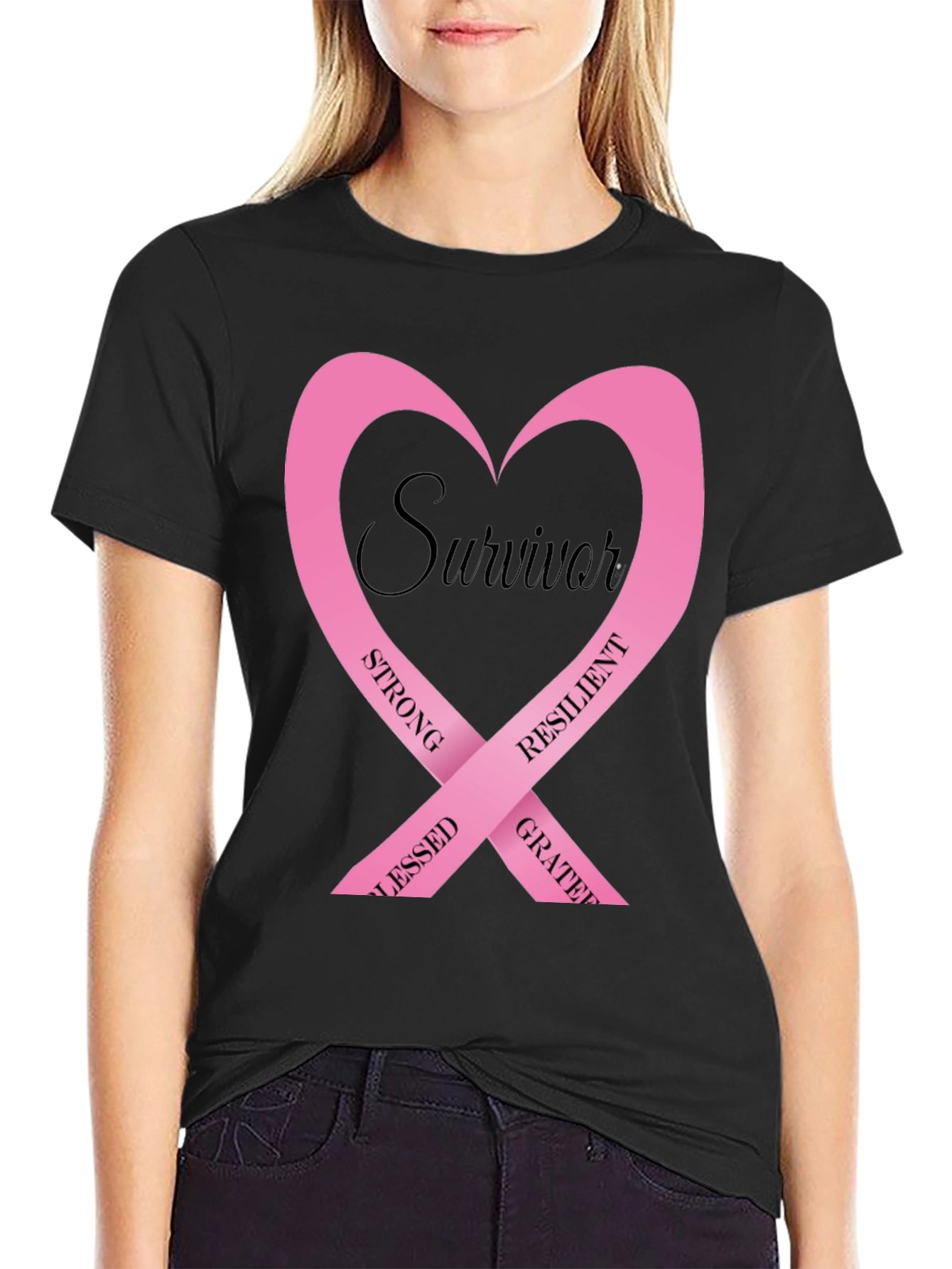 Survivor Pink Ribbon Heart Graphic T-Shirt