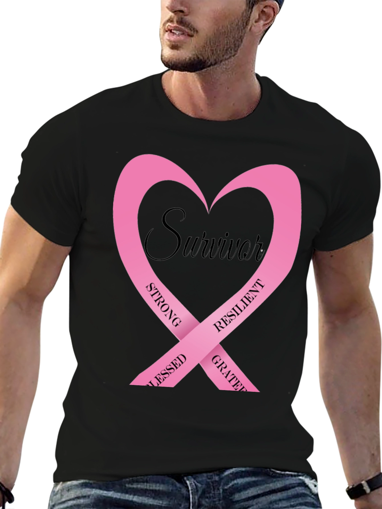 Survivor Pink Ribbon Heart Graphic T-Shirt