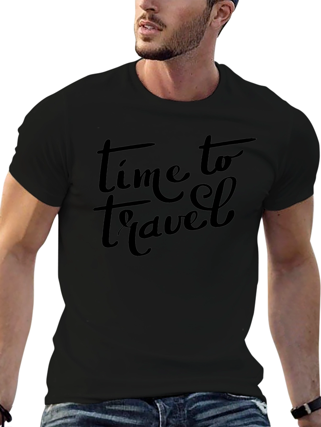 Time To Travel Black Crew Neck T-Shirt