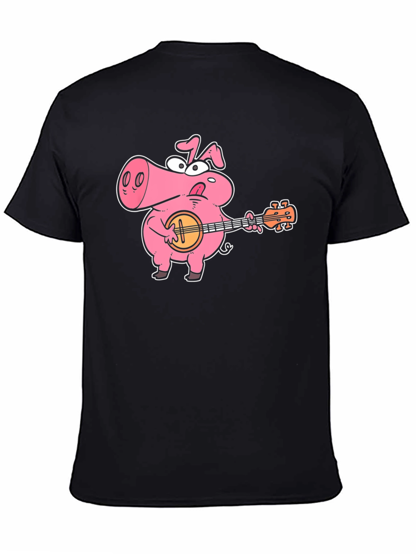 Pig Playing Banjo Graphic T-Shirt - Black Cotton Tee