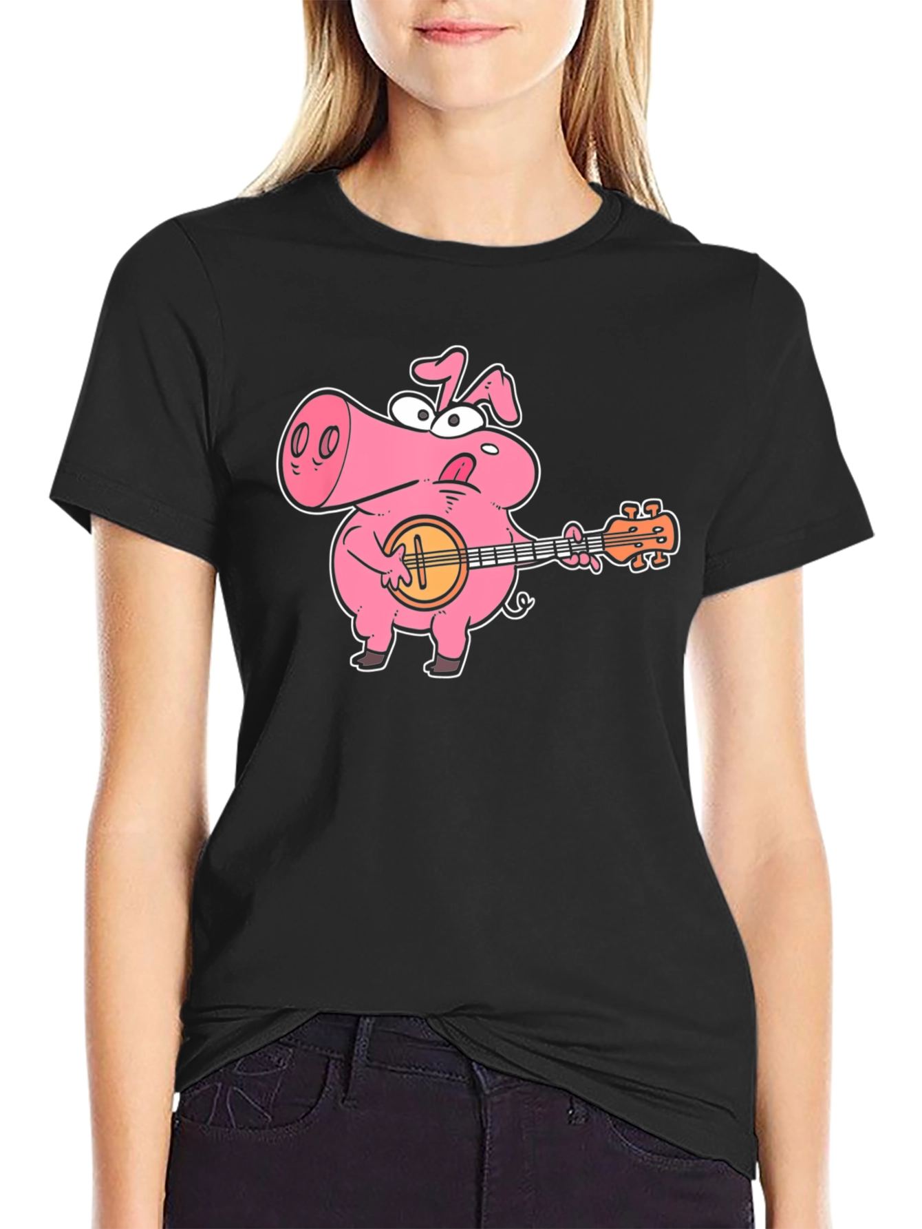 Pig Playing Banjo Graphic T-Shirt - Black Cotton Tee