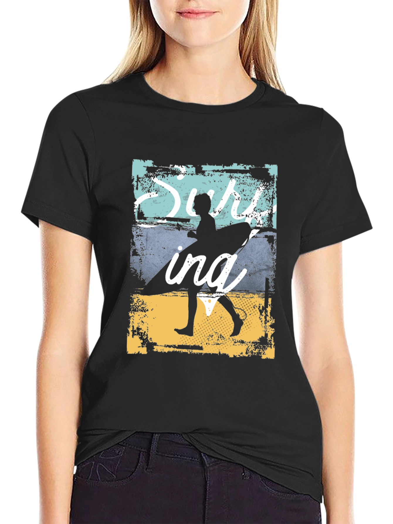 Surfing Silhouette Graphic T-Shirt - Black