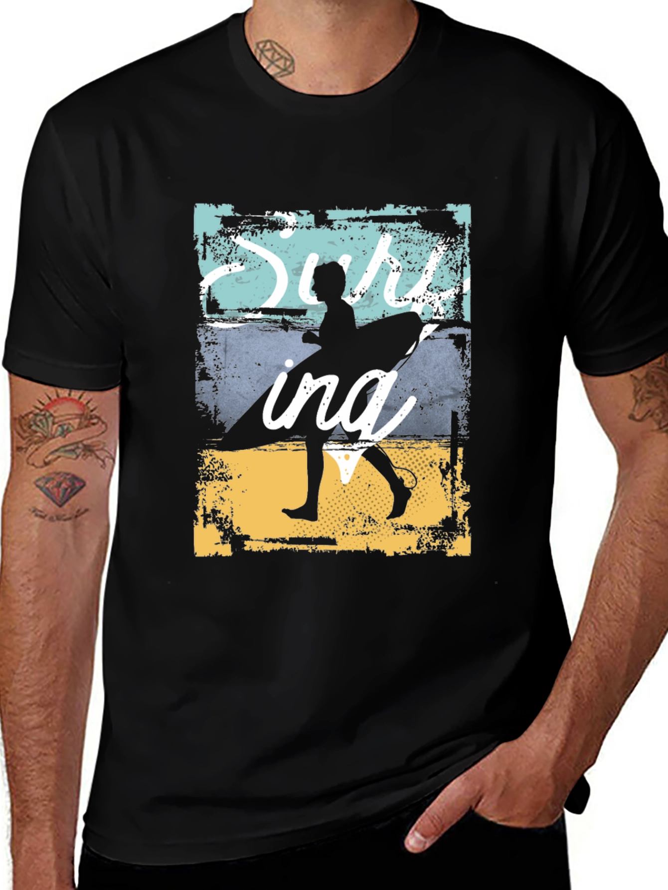 Surfing Silhouette Graphic T-Shirt - Black