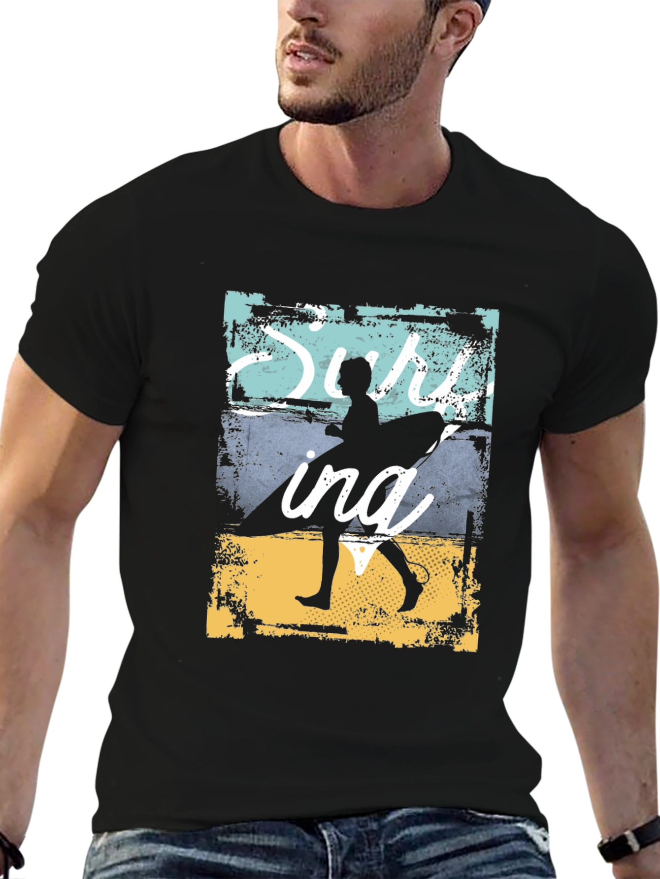 Surfing Silhouette Graphic T-Shirt - Black