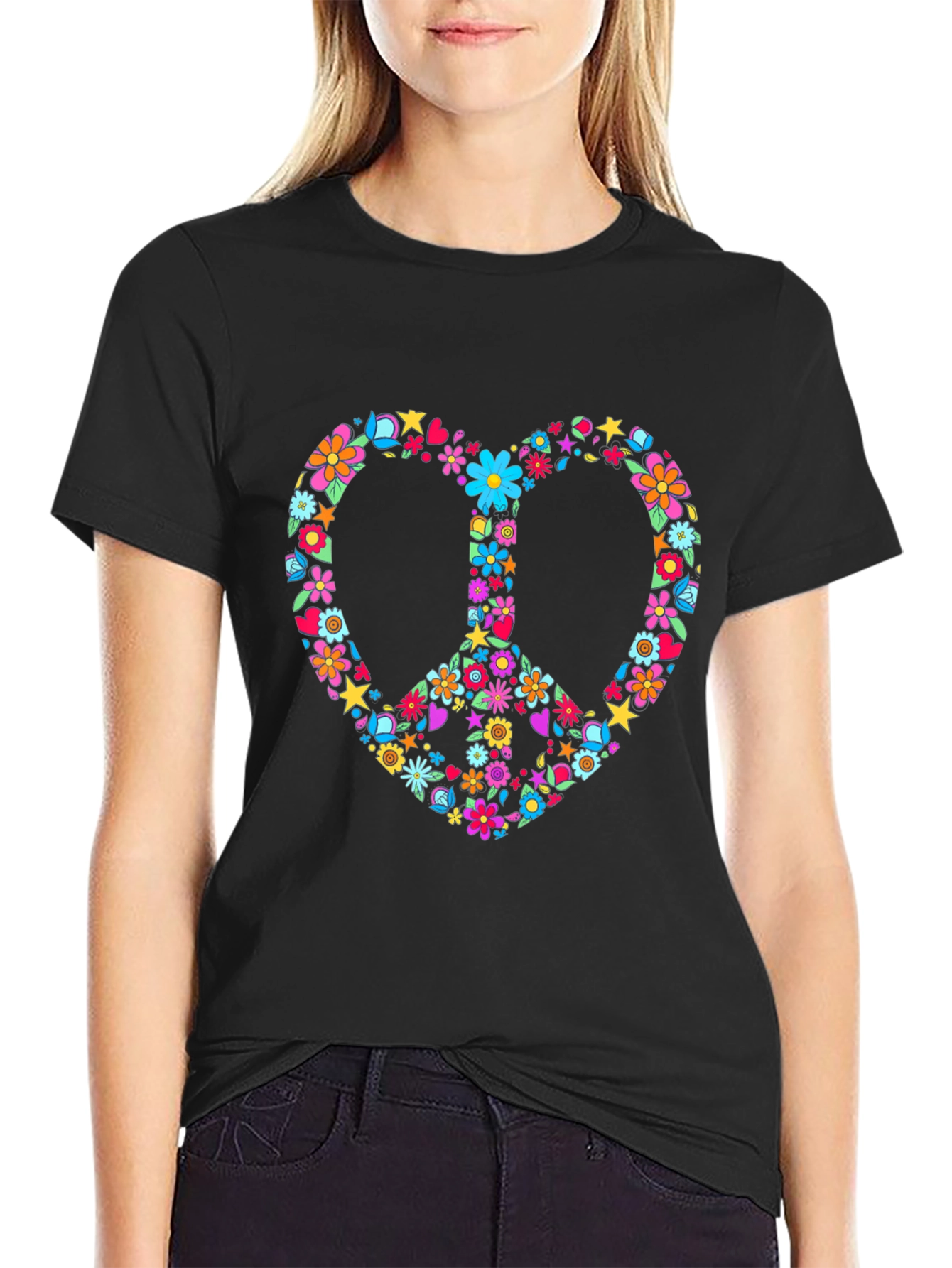 Floral Peace Sign Heart Graphic T-Shirt