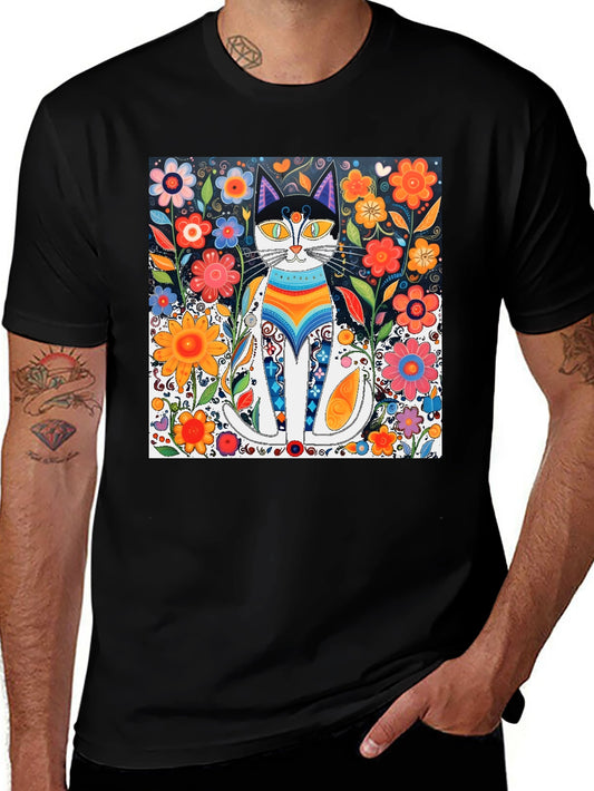 Colorful Cat Art Graphic Print Black T-Shirt