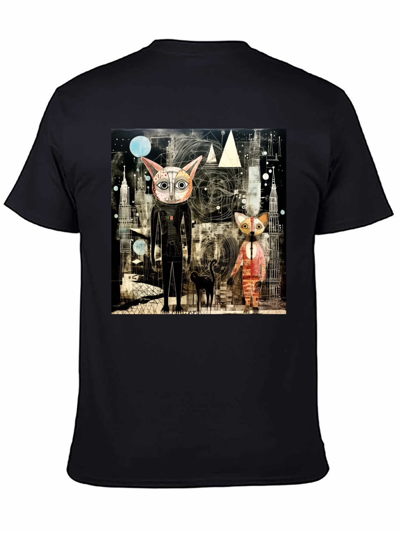 Abstract Cat Print Black T-Shirt