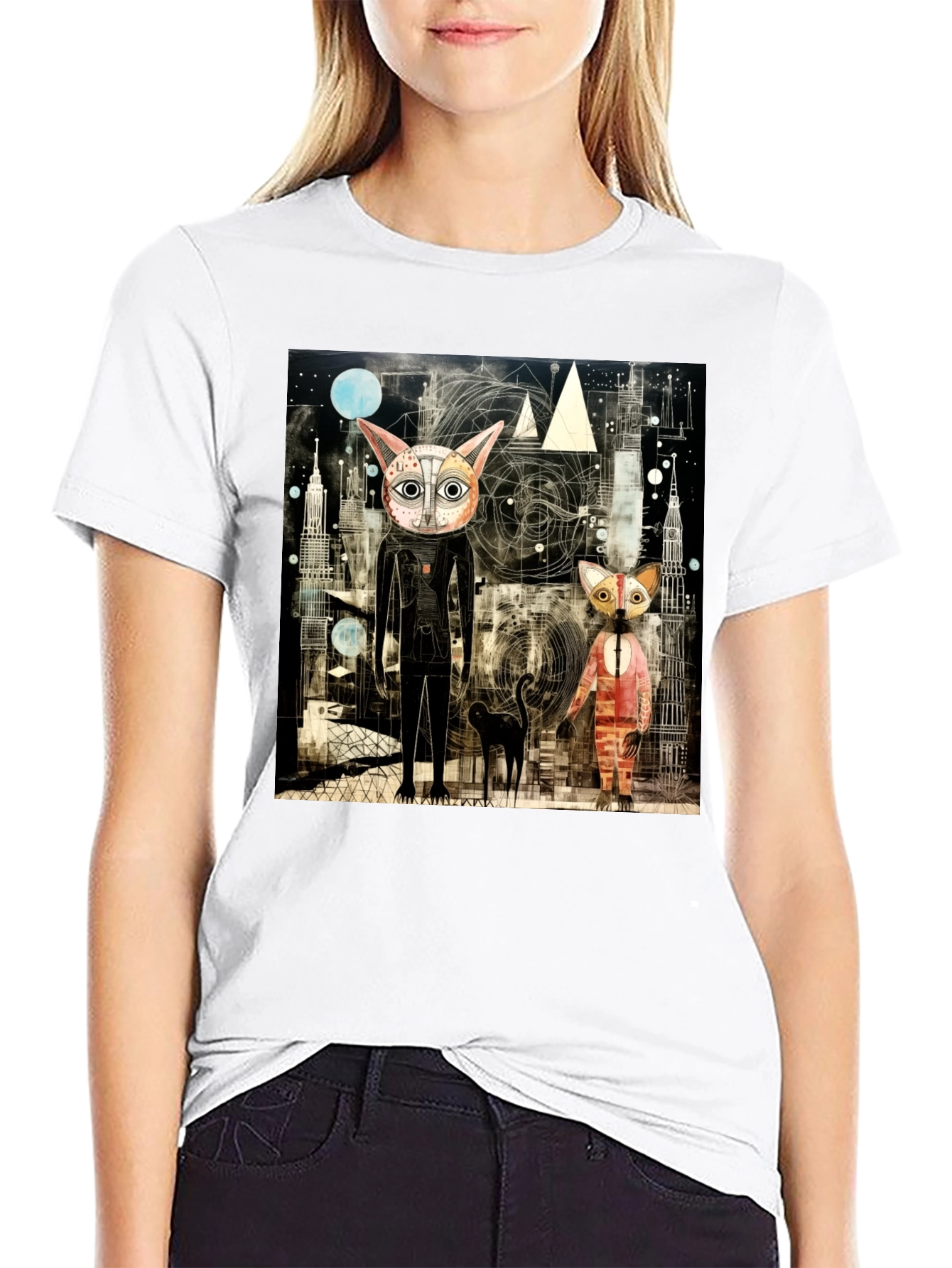 Abstract Cat Print Black T-Shirt