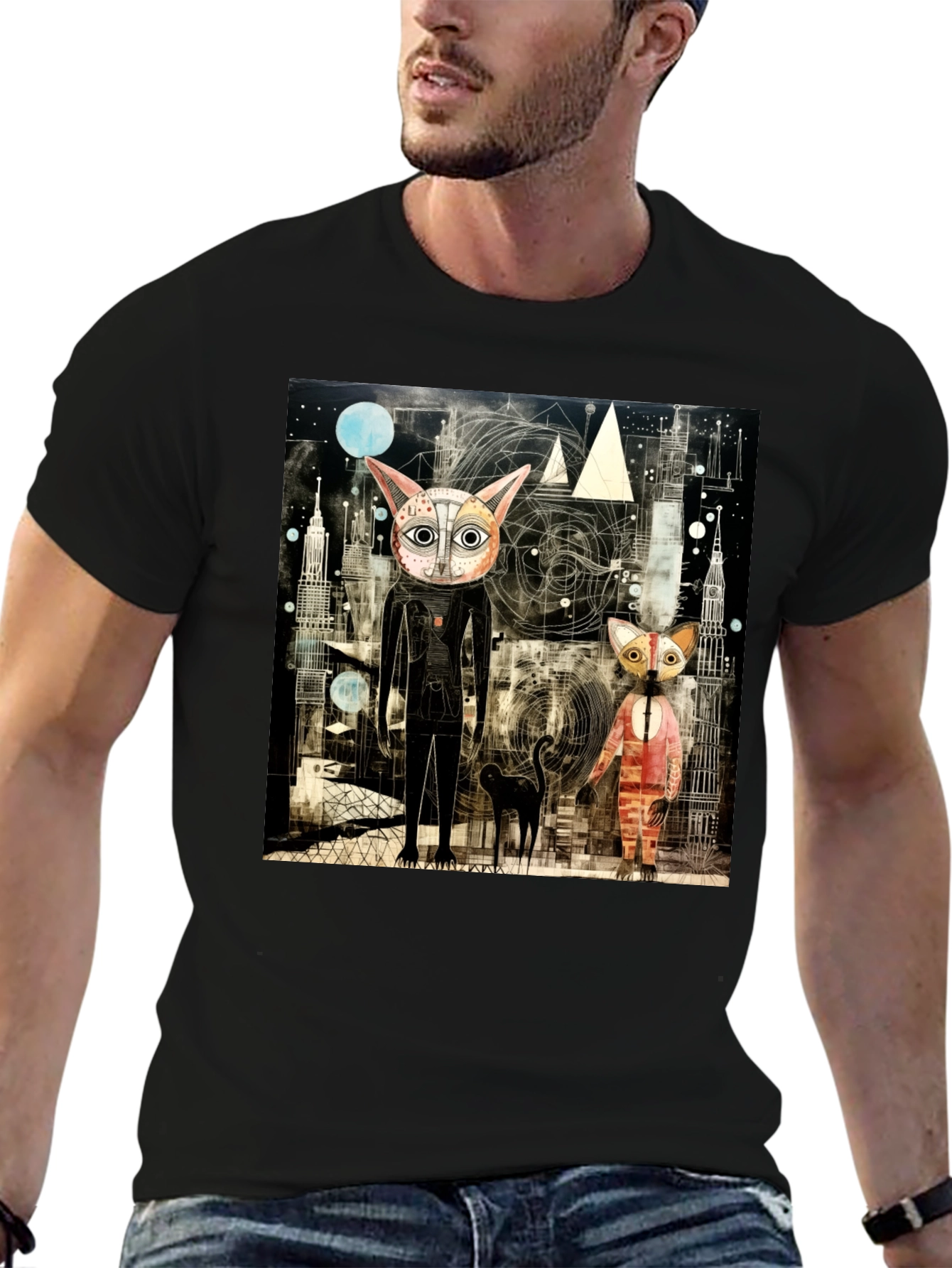 Abstract Cat Print Black T-Shirt