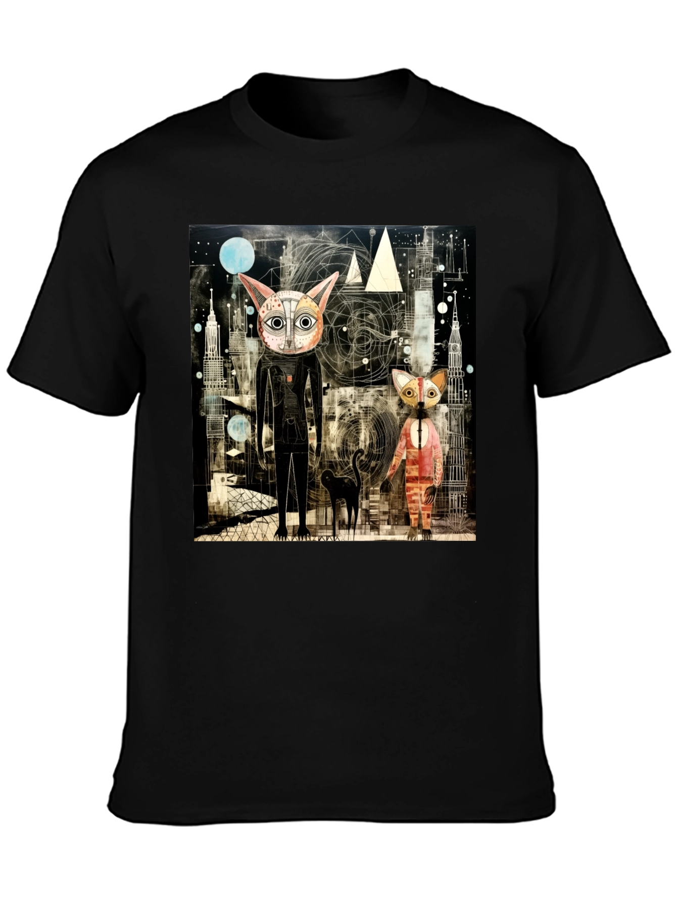 Abstract Cat Print Black T-Shirt