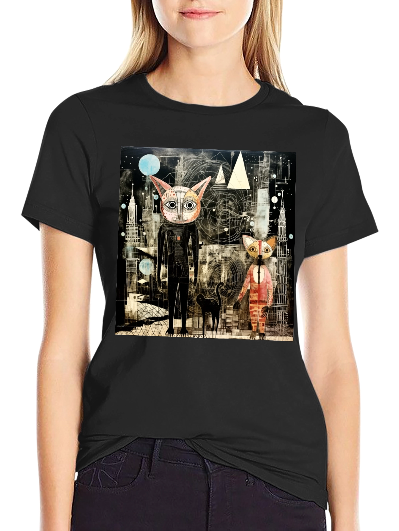 Abstract Cat Print Black T-Shirt
