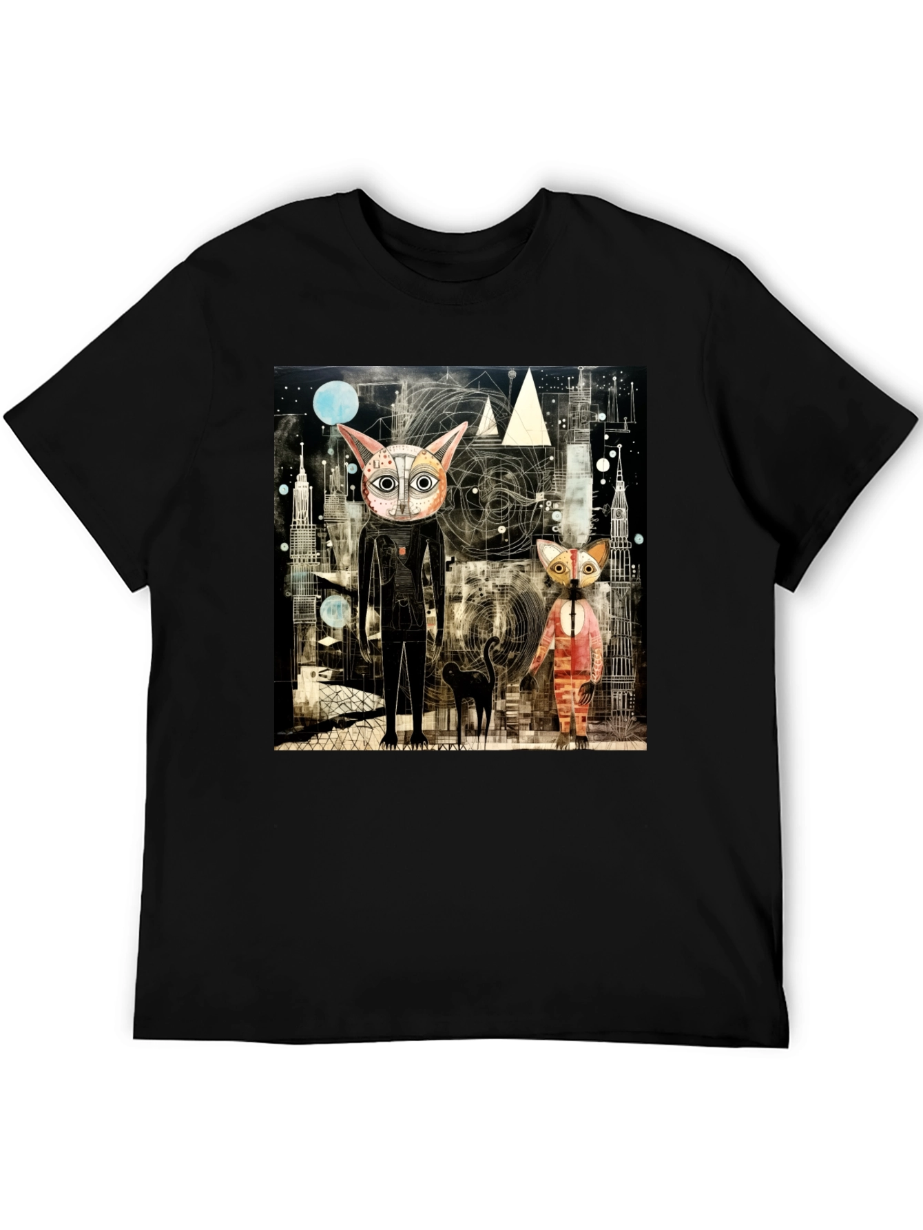Abstract Cat Print Black T-Shirt