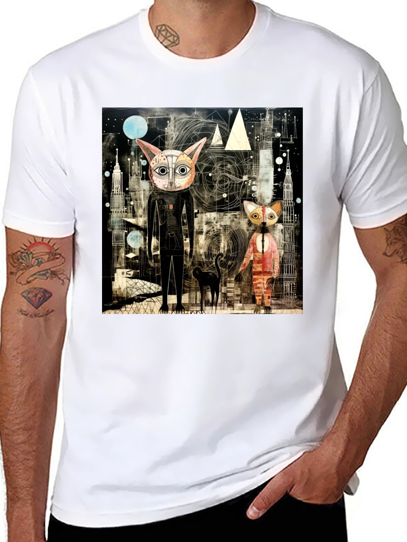 Abstract Cat Print Black T-Shirt