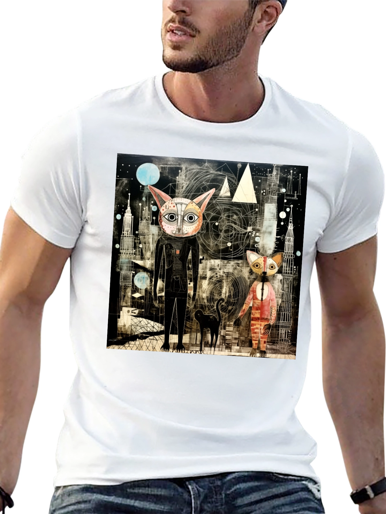 Abstract Cat Print Black T-Shirt