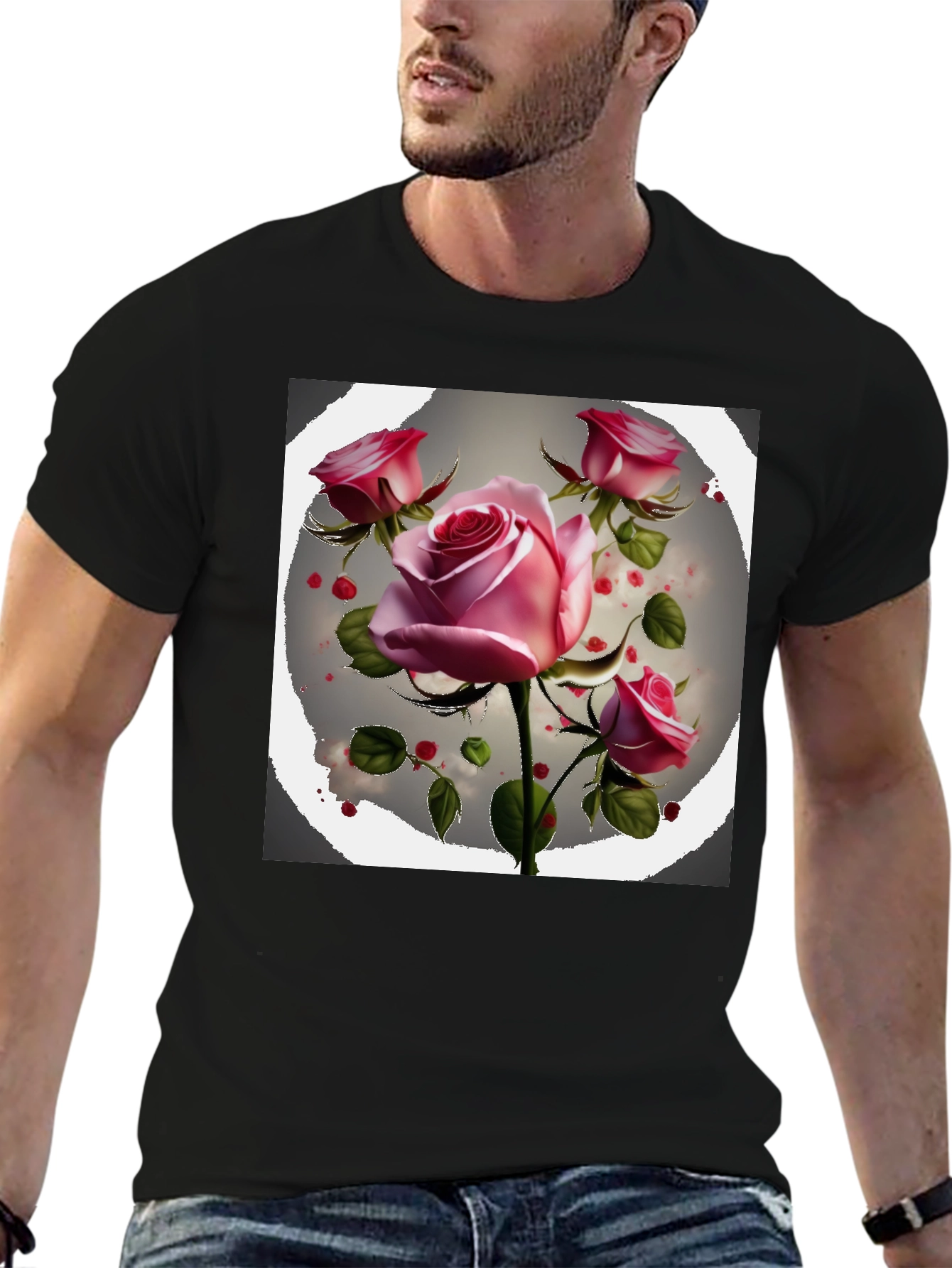 Floral Rose Graphic Tee - Stylish Black T-Shirt