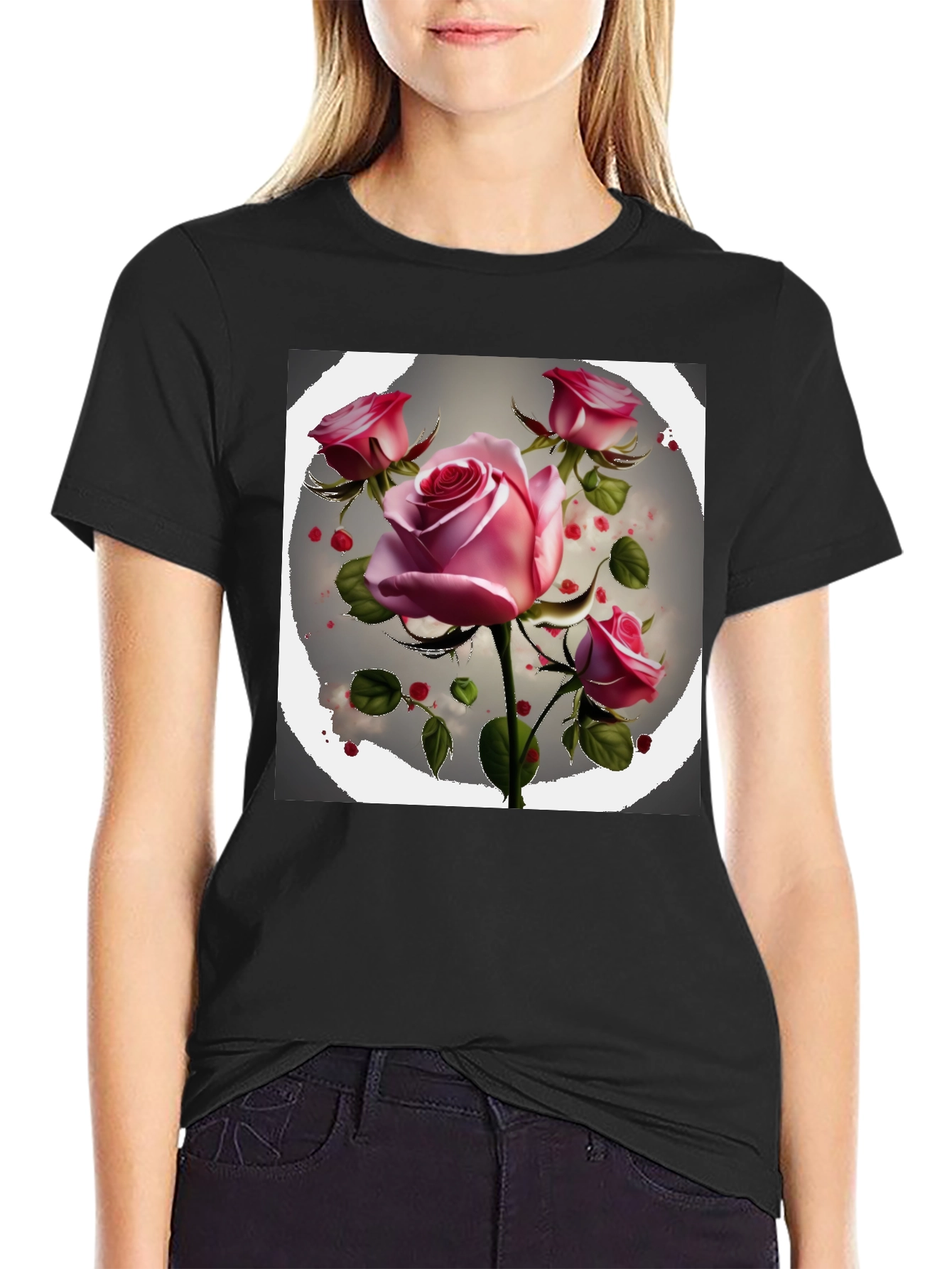 Floral Rose Graphic Tee - Stylish Black T-Shirt