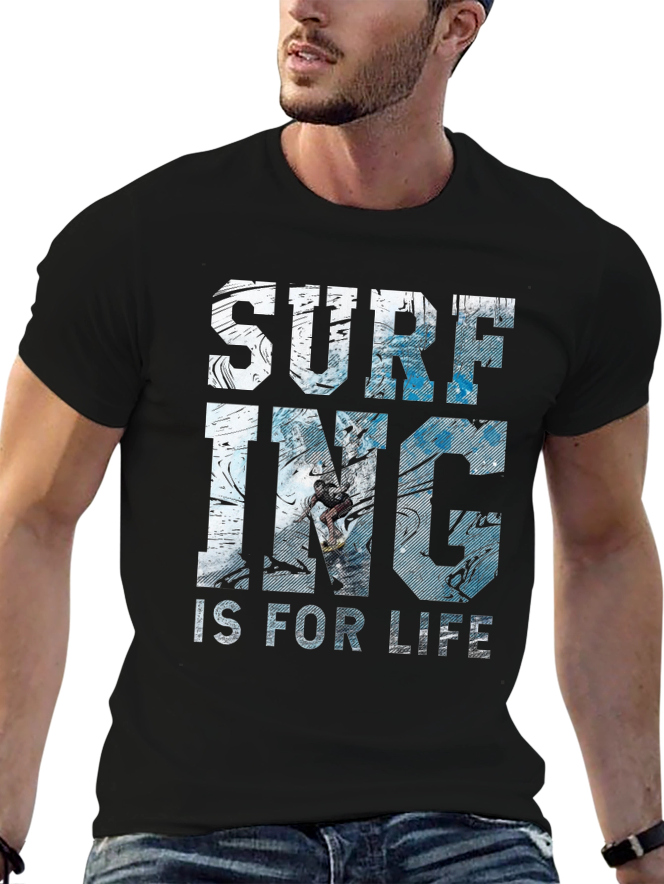 Surfing Is For Life Graphic Tee - Black