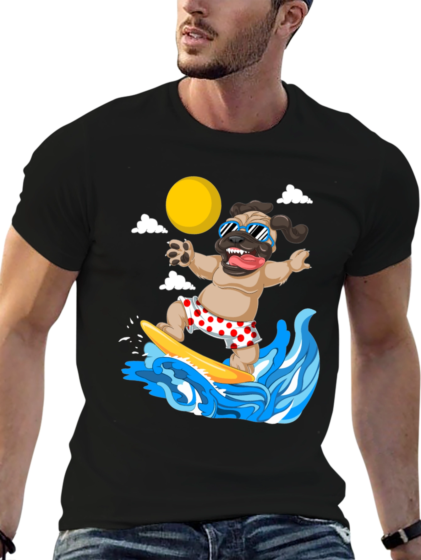 Surfing Pug T-Shirt - Funny Dog Tee
