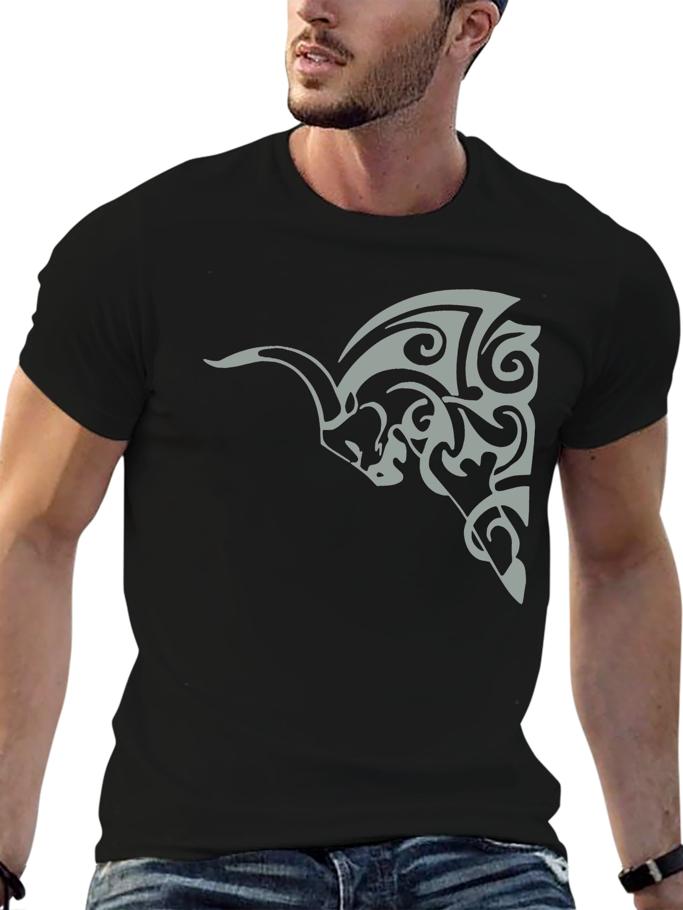Tribal Bull Graphic Tee - Black Cotton Casual Wear