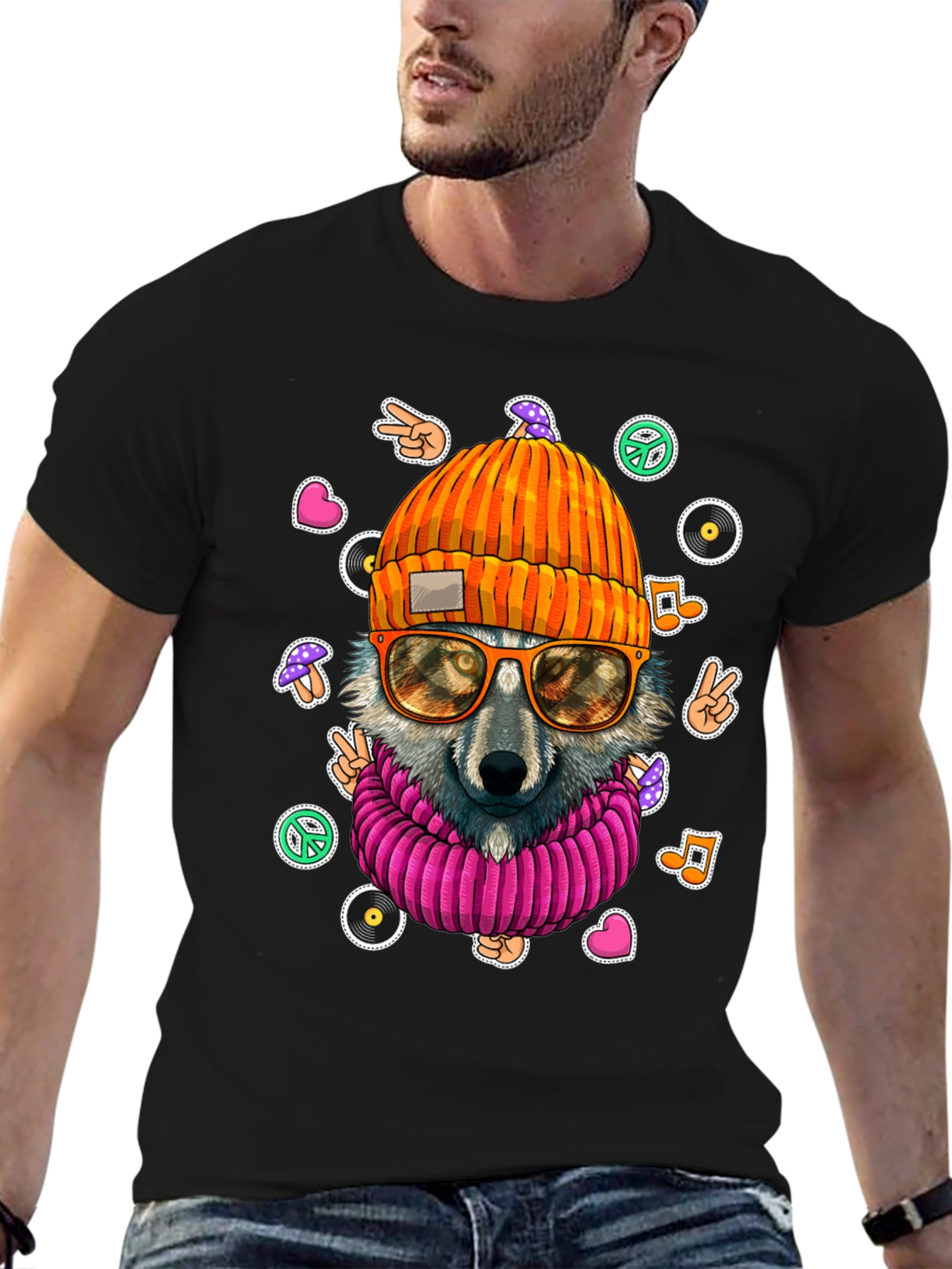 Cool Wolf Graphic Tee - Retro Hippie Style!