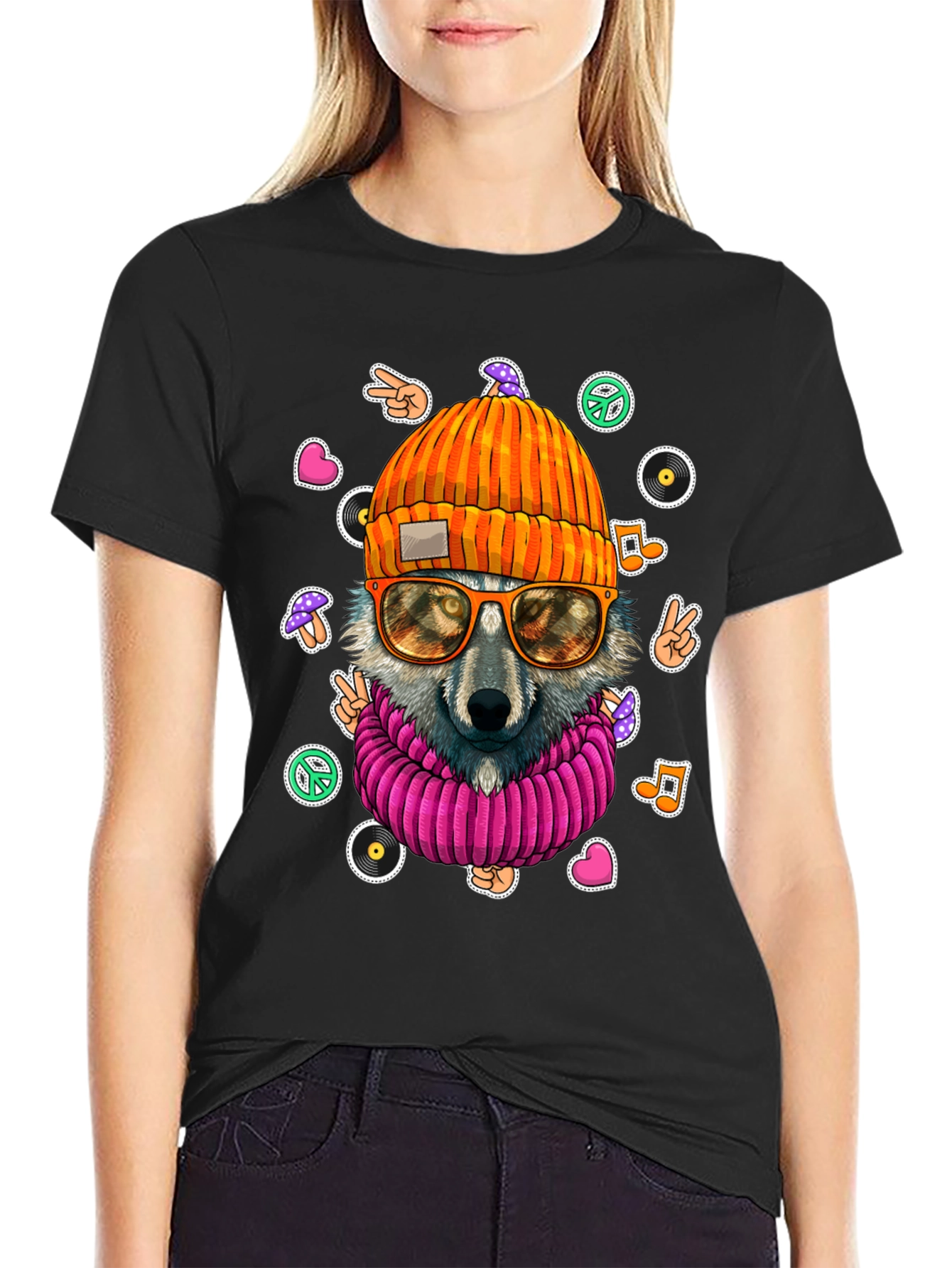 Cool Wolf Graphic Tee - Retro Hippie Style!