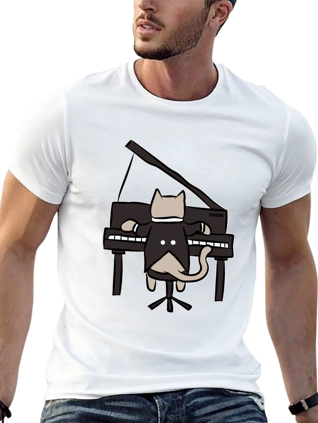 Cat Playing Piano Black T-Shirt