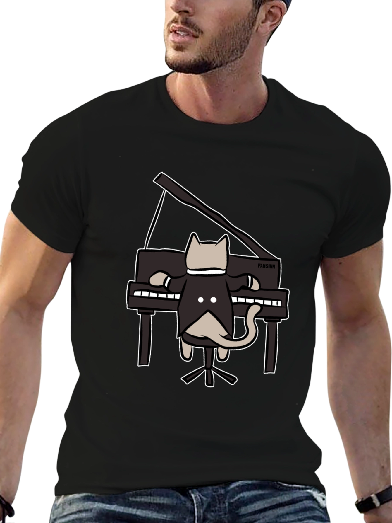 Cat Playing Piano Black T-Shirt