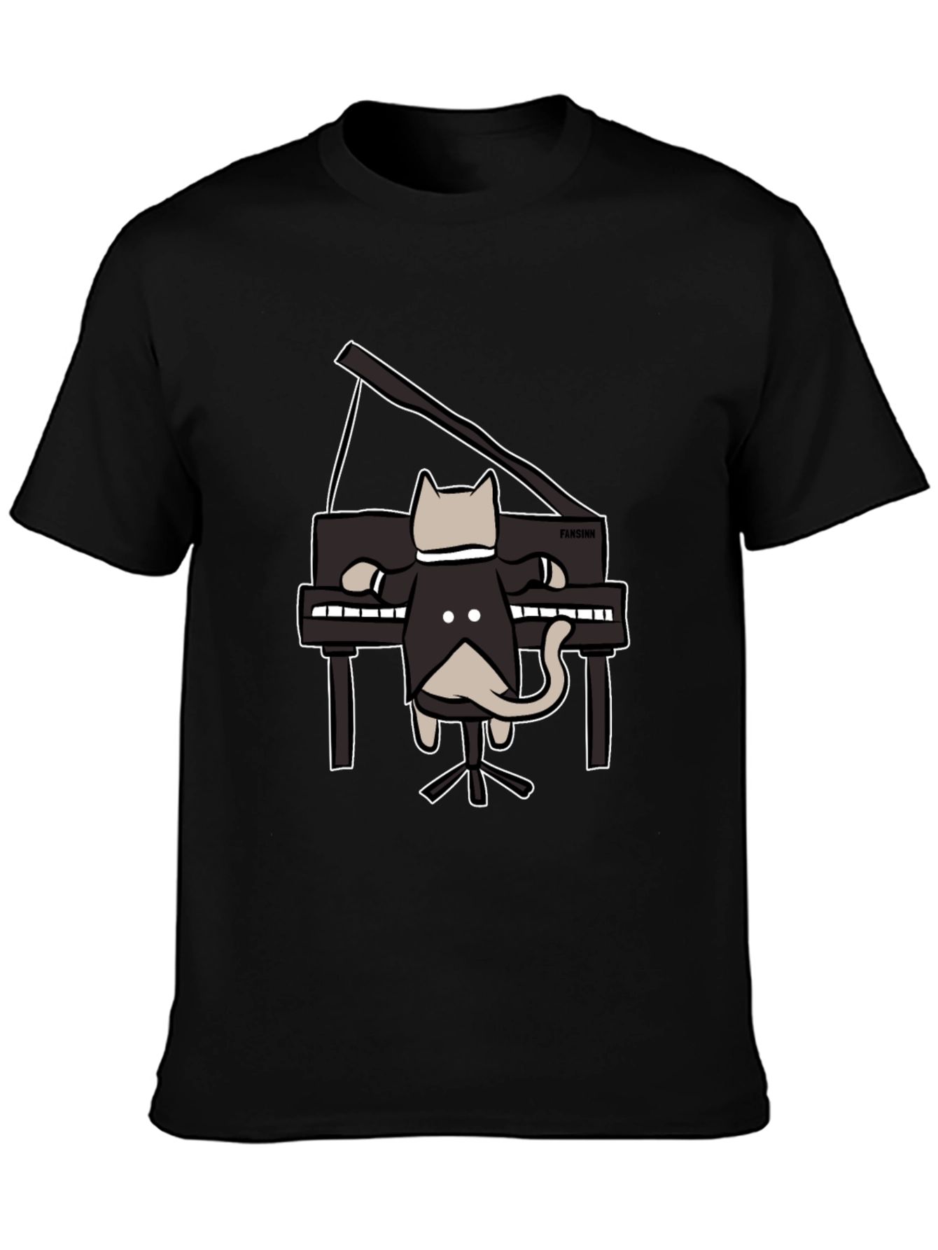 Cat Playing Piano Black T-Shirt