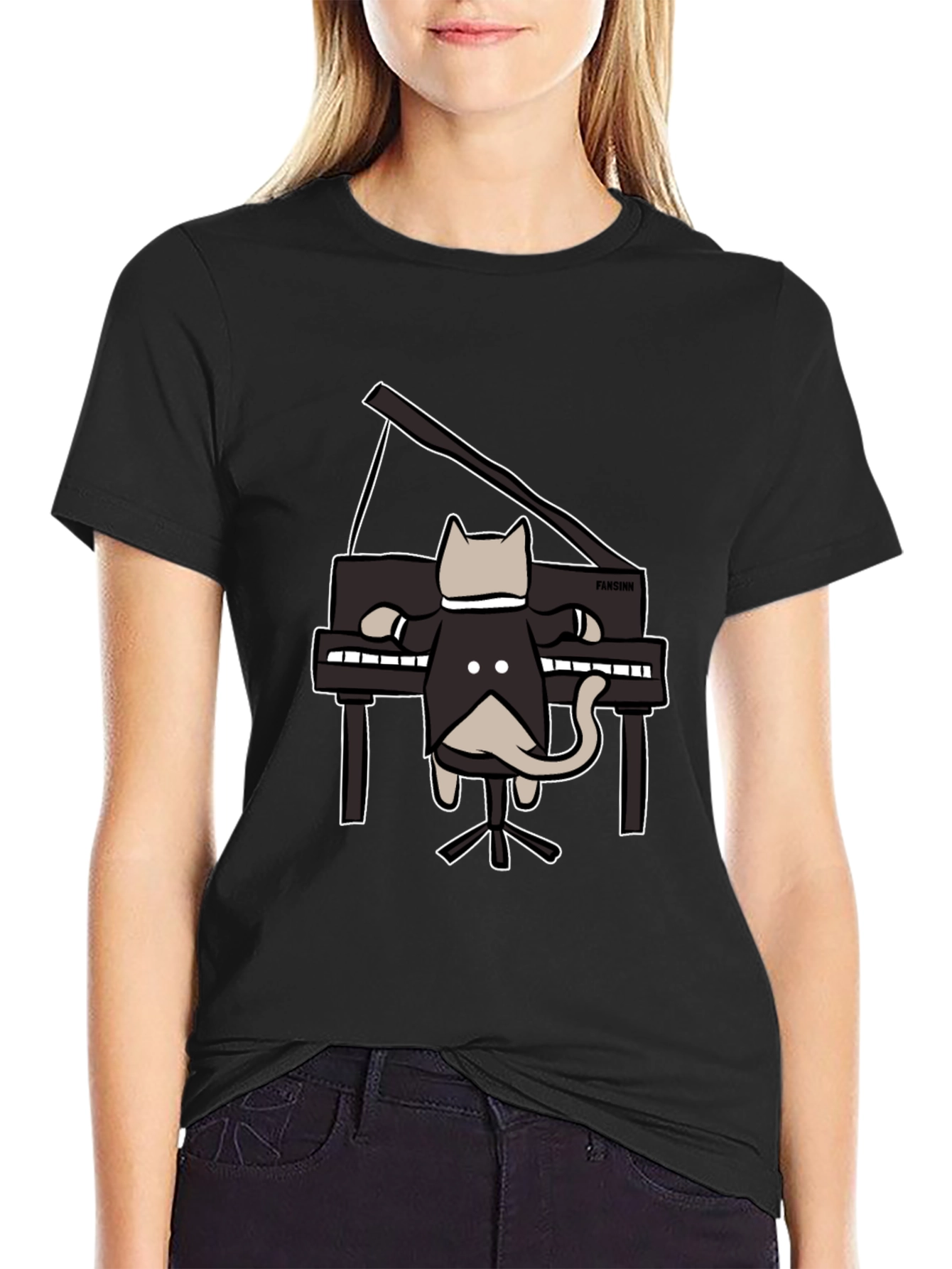 Cat Playing Piano Black T-Shirt
