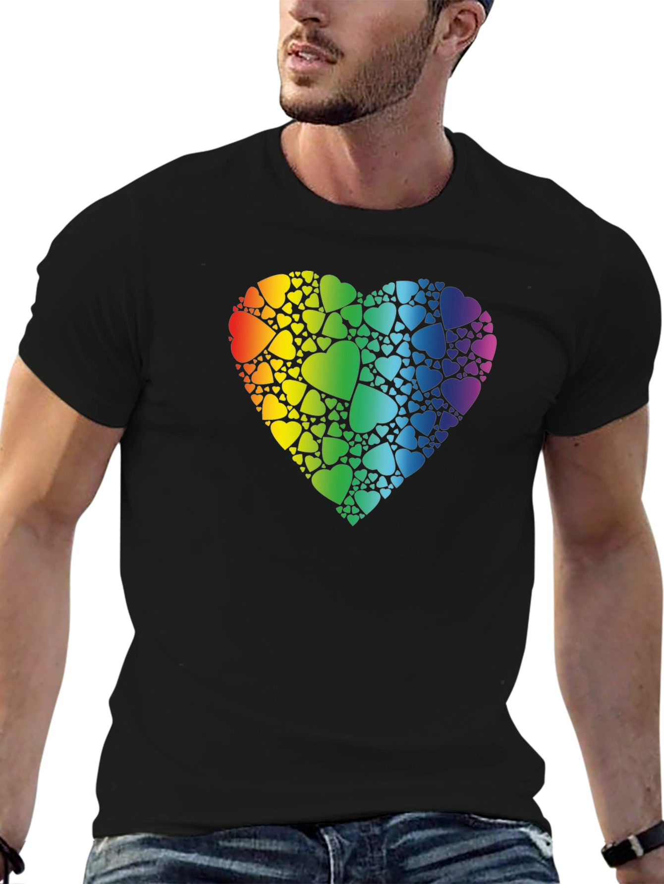 Rainbow Heart Graphic Print Black T-Shirt