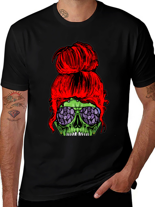 Messy Bun Zombie Skull T-Shirt - Halloween Style