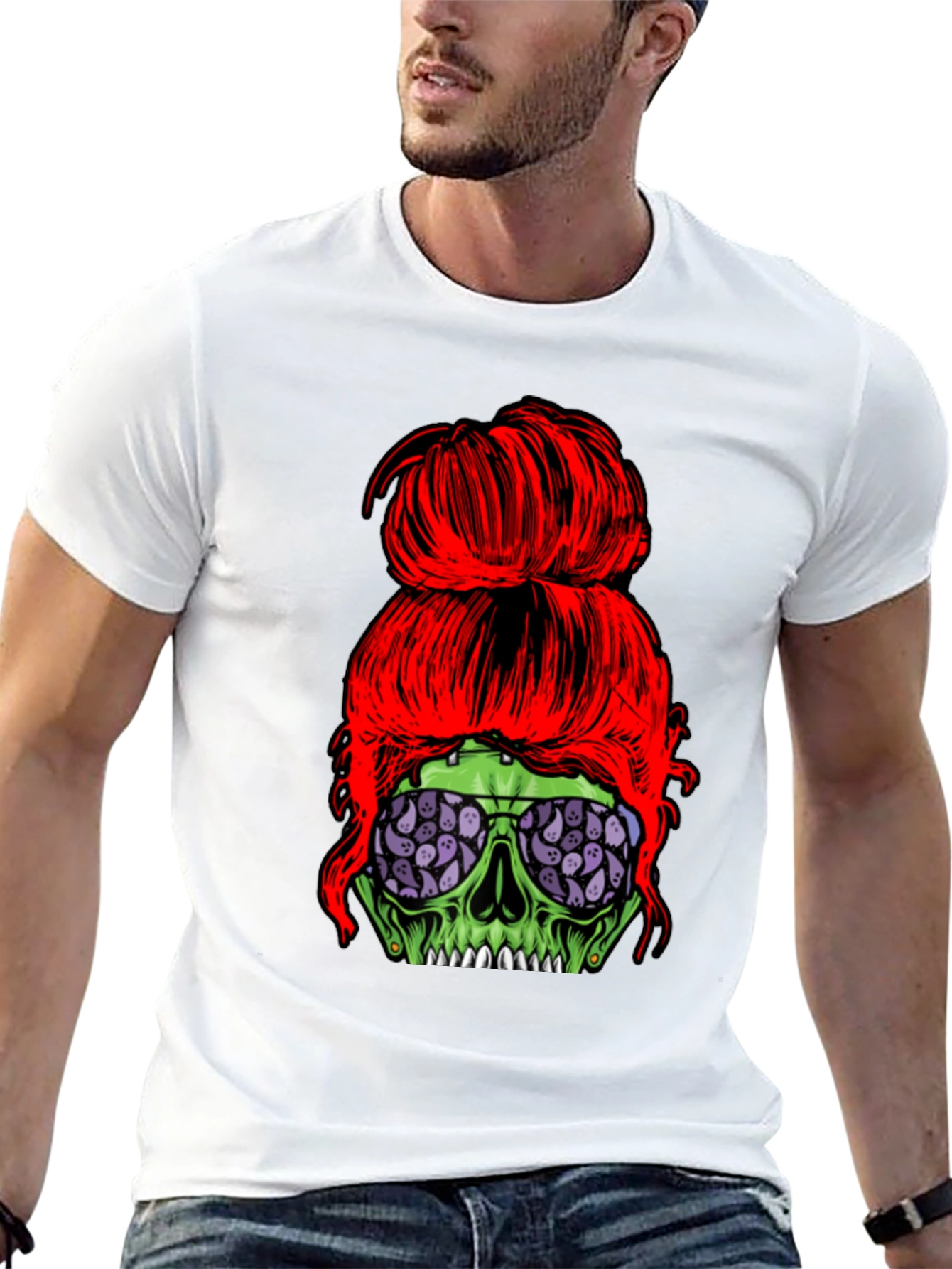 Messy Bun Zombie Skull T-Shirt - Halloween Style