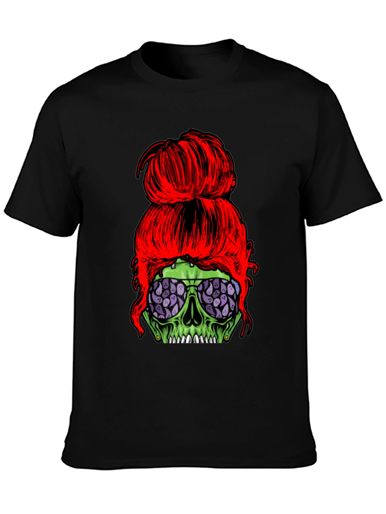Messy Bun Zombie Skull T-Shirt - Halloween Style