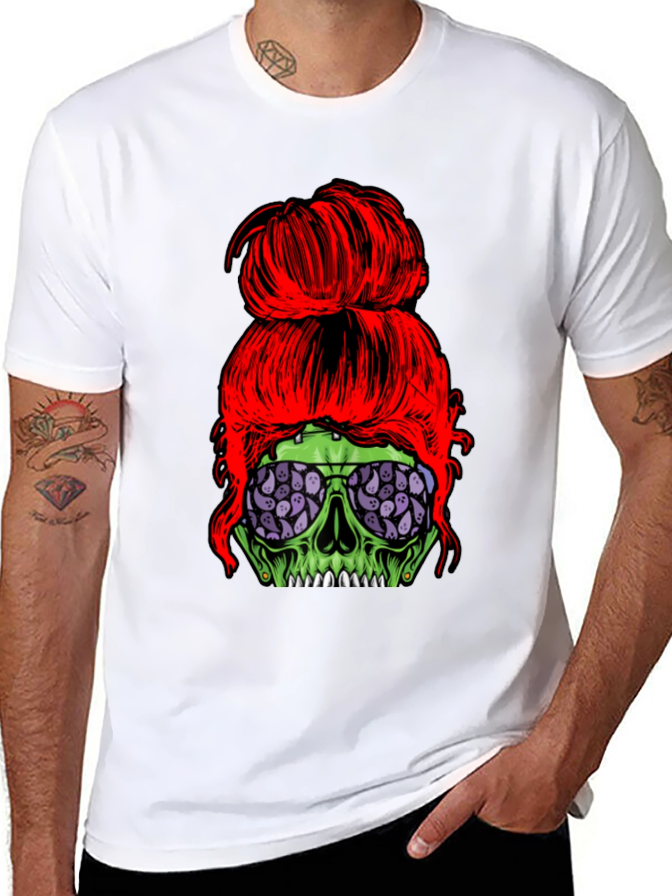 Messy Bun Zombie Skull T-Shirt - Halloween Style